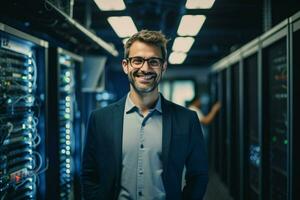 Portrait of confident businessman standing in front of computer monitors in office. ai generated pro photo