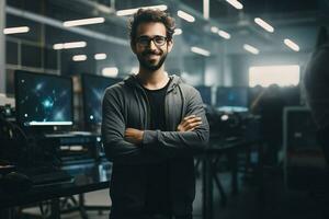 Portrait of confident businessman standing in front of computer monitors in office. ai generated pro photo