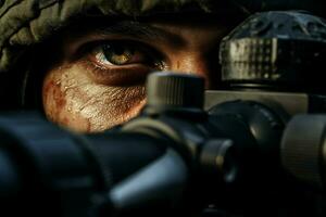 Close-up of a soldier with assault rifle. Selective focus. ai generated pro photo