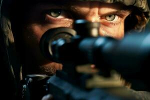 Close-up of a soldier with assault rifle. Selective focus. ai generated pro photo