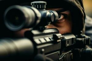 Close-up of a soldier with assault rifle. Selective focus. ai generated pro photo