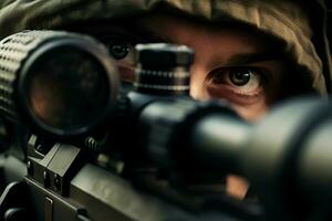 Close-up of a soldier with assault rifle. Selective focus. ai generated pro photo