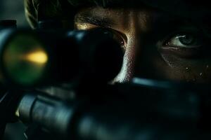 Close-up of a soldier with assault rifle. Selective focus. ai generated pro photo