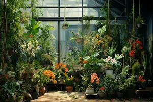 Greenhouse interior with plants on the windowsill and vintage armchair. ai generated pro photo