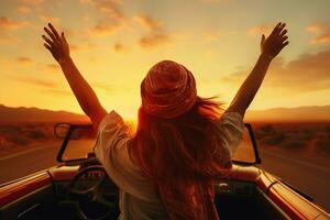 Happy young woman with arms outstretched standing in convertible car at sunset. ai generated pro photo