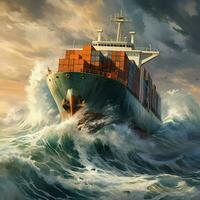 Cargo ship in stormy sea. 3D render illustration. ai generated pro photo