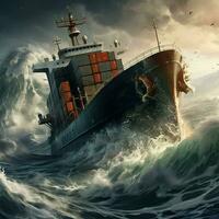 Cargo ship in stormy sea. 3D render illustration. ai generated pro photo