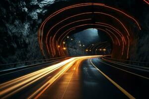 subterráneo túnel con luces a noche. largo exposición. largo exposición. ai generado Pro foto