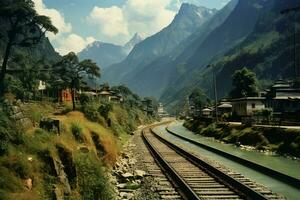 Railway in the Himalayas, Annapurna Conservation Area, Nepal. ai generated pro photo