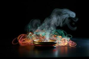 Incense in a bowl on a black background with smoke and fire. ai generated pro photo