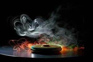 Incense in a bowl on a black background with smoke and fire. ai generated pro photo