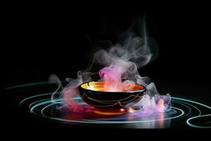 Incense in a bowl on a black background with smoke and fire. ai generated pro photo