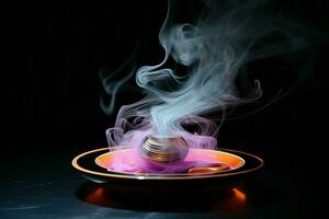 Incense in a bowl on a black background with smoke and fire. ai generated pro photo