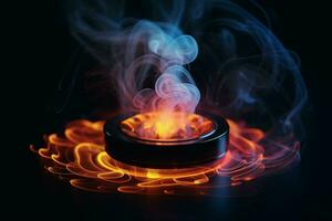 Incense in a bowl on a black background with smoke and fire. ai generated pro photo