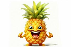 3d illustration of pineapple cartoon character with happy expression on white background. ai generated pro photo