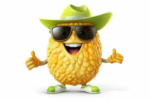 Cartoon character of durian with thumbs up gesture on white background. ai generated pro photo