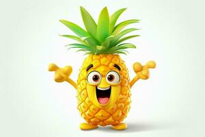 3d illustration of pineapple cartoon character with happy expression on white background. ai generated pro photo