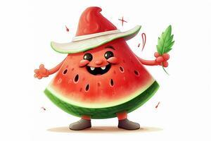 Funny watermelon character with green hat on white background. Vector illustration. ai generated pro photo