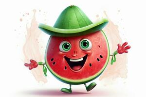 Funny watermelon character with green hat on white background. Vector illustration. ai generated pro photo