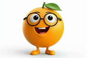 Cartoon character of orange with green leaf on white background, 3d rendering. ai generated pro photo