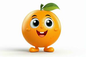 Cartoon character of orange with green leaf on white background, 3d rendering. ai generated pro photo