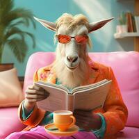 Portrait of a goat reading a book. Shot in a studio. ai generated pro photo