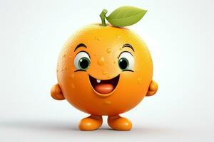 dibujos animados personaje de naranja con verde hoja en blanco fondo, 3d representación. ai generado Pro foto