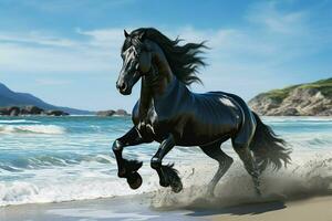 Black horse running on the beach in the ocean. 3d rendering. ai generated pro photo