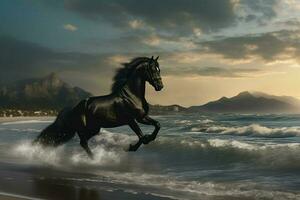 Black horse running on the beach in the ocean. 3d rendering. ai generated pro photo