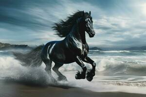 negro caballo corriendo en el playa en el océano. 3d representación. ai generado Pro foto