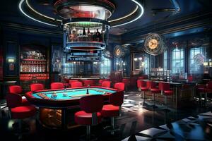 Casino interior with roulette table. 3d render illustration. ai generated pro photo