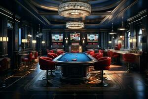 Casino interior with roulette table. 3d render illustration. ai generated pro photo