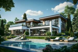 3d rendering of modern cozy house with pool and parking for sale or rent. Black car in front. Clear sunny summer day with blue sky. ai generated pro photo