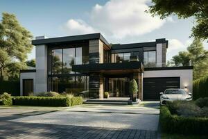 3d rendering of modern cozy house with pool and parking for sale or rent. Black car in front. Clear sunny summer day with blue sky. ai generated pro photo