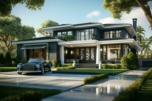 3d rendering of modern cozy house with pool and parking for sale or rent. Black car in front. Clear sunny summer day with blue sky. ai generated pro photo