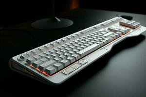 computadora teclado con vistoso neón luces en oscuro antecedentes. 3d representación. ai generado Pro foto