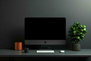 frente ver de moderno lugar de trabajo con blanco negro computadora pantalla, café taza y planta en maceta. burlarse de arriba, 3d representación. ai generado Pro foto