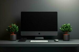 Front view of modern workplace with blank black computer screen, coffee cup and plant in pot. Mock up, 3D Rendering. ai generated pro photo