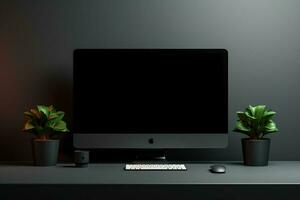 Front view of modern workplace with blank black computer screen, coffee cup and plant in pot. Mock up, 3D Rendering. ai generated pro photo