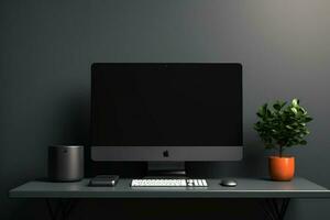 frente ver de moderno lugar de trabajo con blanco negro computadora pantalla, café taza y planta en maceta. burlarse de arriba, 3d representación. ai generado Pro foto