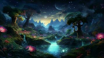 Fantasy landscape with river and fantasy forest at night. Digital painting. ai generated pro photo