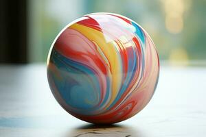 3d render of an abstract colorful marble ball on a wooden table. ai generated pro photo