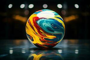 3d render of an abstract colorful marble ball on a wooden table. ai generated pro photo