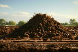 Pile of soil on the background of the forest and mountains. ai generated pro photo