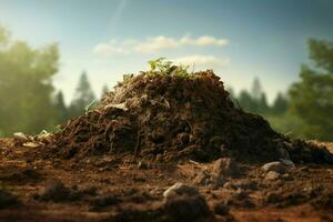 Pile of soil on the background of the forest and mountains. ai generated pro photo