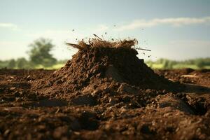 Pile of soil on the background of the forest and mountains. ai generated pro photo