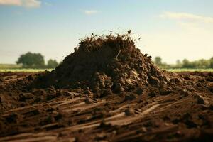 Pile of soil on the background of the forest and mountains. ai generated pro photo