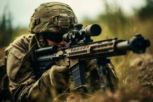 United States Marine Corps special forces soldier with assault rifle in action during mission. ai generated pro photo