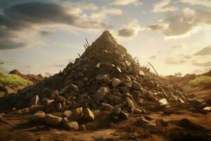 Pile of soil on the background of the forest and mountains. ai generated pro photo