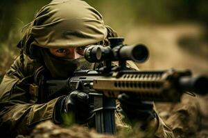 United States Marine Corps special forces soldier with assault rifle in action during mission. ai generated pro photo